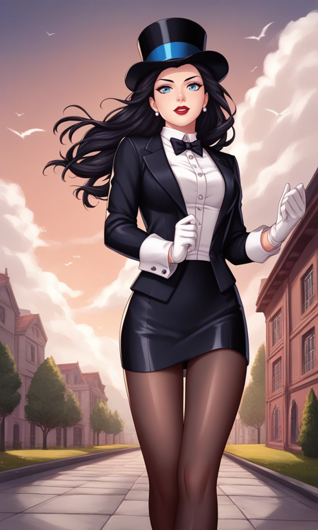 1woman,black hair,blue eyes,top hat,zatanna