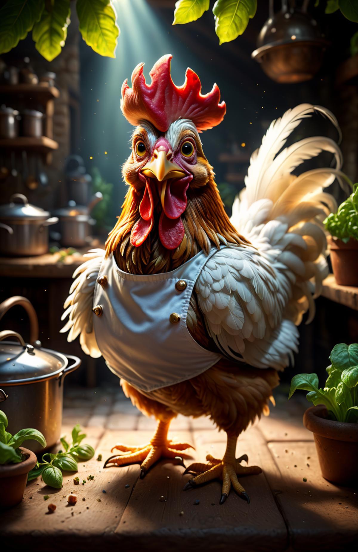 Illustration of a rooster with a chef's outfit, standing in a kitchen surrounded by pots, pans, and herbs.