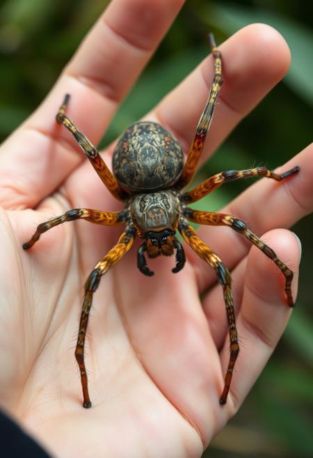 Photoraelistic, hyperdetailed, nature photography, beautiful, detailed, realistic, POV from above. Looking down at a giant spider sitting in my hands, anatomically accurate spider with eight long legs and a rotund abdomen