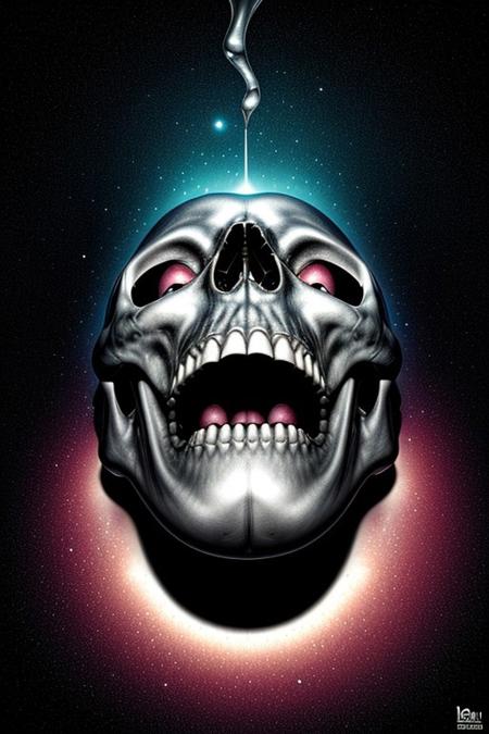 A close-up photorealistic image of a crystallic floating skull facing the viewer with its mouth open, pouring from it's mouth a shimmering liquid resembling the universe onto the ground, filled with rich stars and swirling galaxies. A simple void background enhances the dark atmosphere, shrouded in fog, capturing the hypnotic flow and shimmer of the cosmic liquid,from above view,