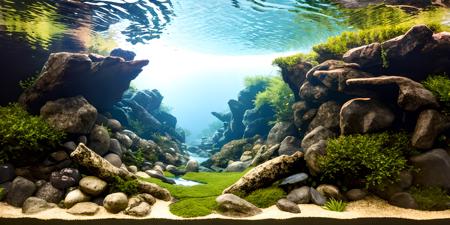 Glass frame, underwater, ripples on the water surface, reflection on the water surface, landscape, nature, sunlight, (small fish schools:1.4), stacked layers, (stones:1.2),( interlaced roots:1), <lora:underwaterlandscape1:0.7>