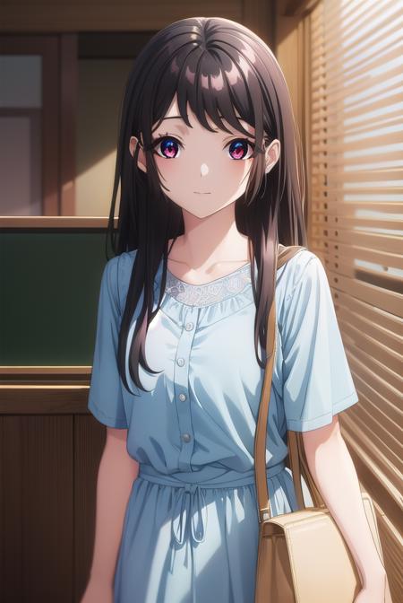 kaorihoujou, <lora:kaori houjou s1-lora-nochekaiser:1>,
kaori houjou, long hair, bangs, (black hair:1.5), (red eyes:1.2), sidelocks, smile,
BREAK skirt, shirt, collarbone, short sleeves, bag, blue skirt, yellow shirt, handbag,
BREAK indoors, classroom,
BREAK looking at viewer, (cowboy shot:1.5),
BREAK <lyco:GoodHands-beta2:1>, (masterpiece:1.2), best quality, high resolution, unity 8k wallpaper, (illustration:0.8), (beautiful detailed eyes:1.6), extremely detailed face, perfect lighting, extremely detailed CG, (perfect hands, perfect anatomy),