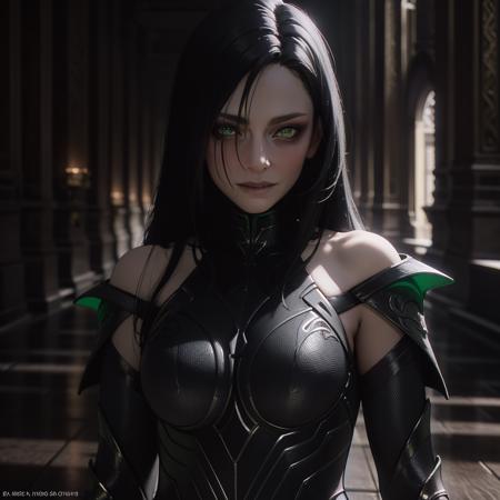 black hair, long hair, armor, bare shoulders, green eyes