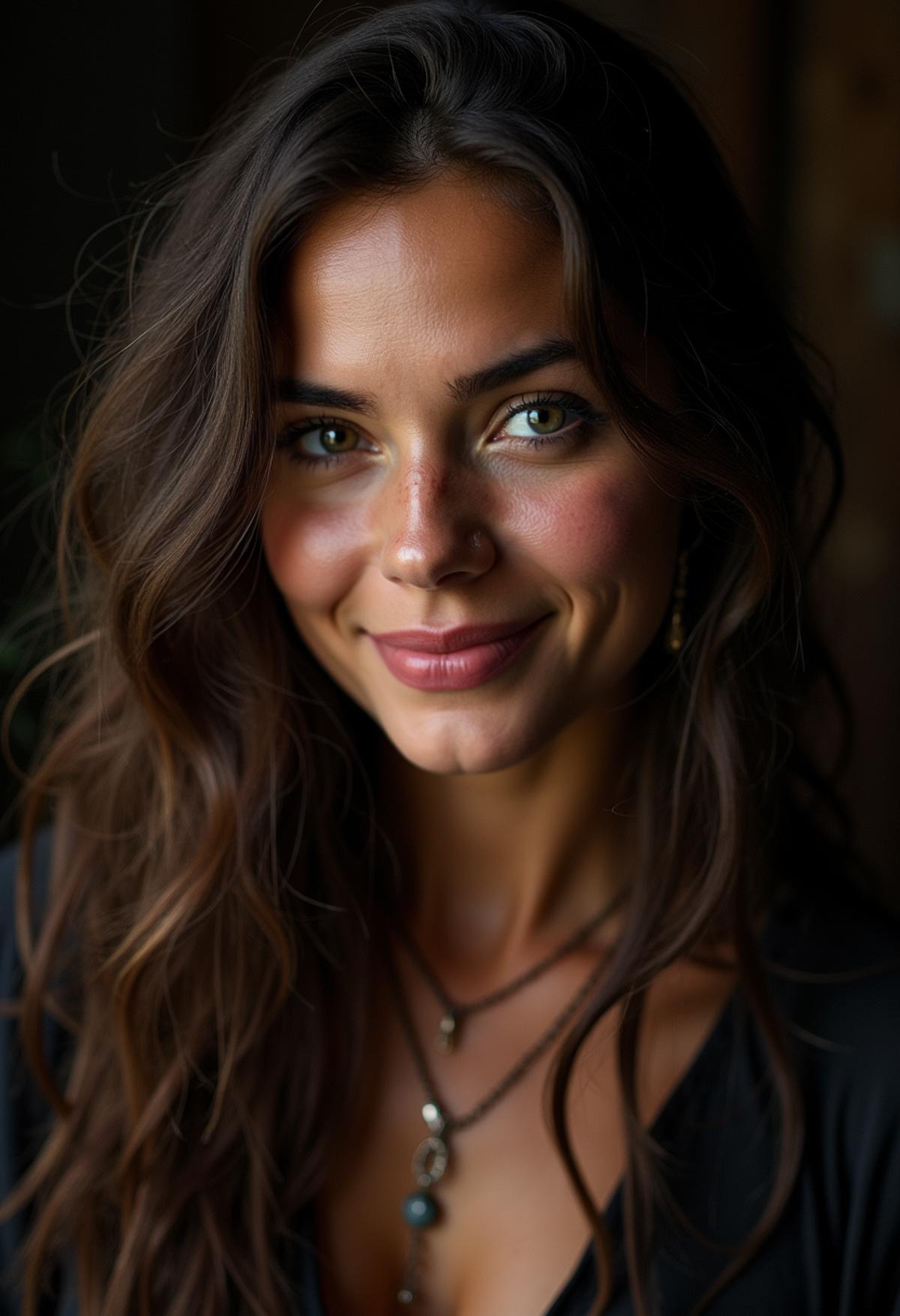 Chiaroscuro Lighting, a 23 year old pirate woman , slightly smile, detailed skin face and eyes , natural lighting , at home , long hair, (red lips:0.7), woman pirate hair, film grain, low contrast, natural face , dark circles under eyes