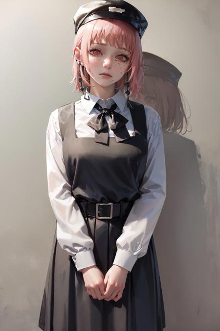 (masterpiece, best quality:1.2), <lora:csm_fami-10:1>, cowboy shot, solo, 1girl, fami \(chainsaw man\), expressionless, closed mouth, looking at viewer, pink hair, black hat, red eyes, school uniform, pinafore dress, white shirt, neck ribbon, jewelry, earrings