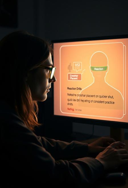 “Create a 16:9 cinematic scene where a player sits at a desk, immersed in a game, the room dimly lit by the glow of the screen. On the screen, a male AI operator with long brown hair and green and yellow reading glasses appears as a semi-transparent hologram. His glasses have a sleek, futuristic frame, reflecting the soft light of the screen, giving him an intellectual, high-tech appearance.
The player asks the operator for tips on improving aim and reaction time. The AI operator calmly advises on crosshair placement, recommending keeping it at head level for quicker shots. He also suggests reaction drills and the importance of consistent practice. Floating text or icons highlight key points like ‘Crosshair Placement’ and ‘Reaction Drills.’
The scene alternates between close-ups of the player’s focused face and the operator’s glowing form. His green and yellow glasses subtly catch the light, adding a touch of style to his digital form. The operator’s calming tone and confident demeanor inspire the player, who nods, feeling more prepared and confident to improve their skills.”