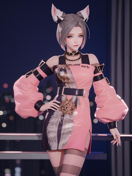 WZRYgongsunliWXXSG, 1girl, solo, blue eyes, looking at viewer, necklace,jewelry, choker, grey hair, short hair, pink dress,cityscape, night, mature female, hand on hip, striped thighhighs, <lora:WZRYgongsunliWXXSGi:0.75>,