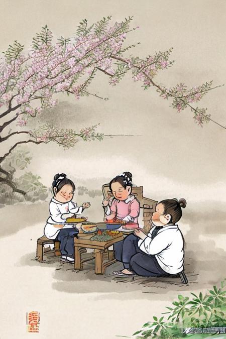 high quality,6+girls are playing  in a chinese painting style,