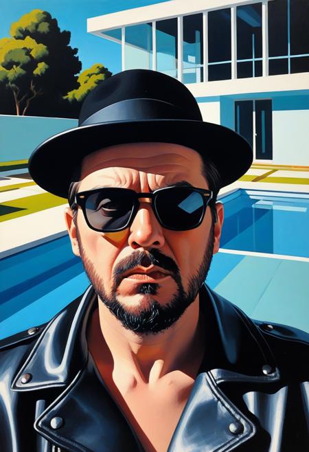 intimidating drug kingpin in black pork pie hat, dark sunglasses pushed up on forehead, goatee, black leather jacket, chin tucked slightly into chest, head positioned down, eyes looking up directly at viewer from under heavily lowered brow, intense unblinking Kubrick stare, eyebrows deeply furrowed and lowered, menacing predatory gaze, whites of eyes visible above iris, unsettling fixed expression,, vibrant acrylic painting style, bold flat colors, clean geometric compositions, bright California sunlight, crisp shadows, modernist architecture, swimming pool blue tones, perfectly manicured landscapes, mid-century modern aesthetic, saturated color palette, smooth gradients, minimal detail work, contemporary pop art influence, architectural precision, optimistic 1960s atmosphere,