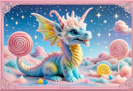 A majestic confectionery dragon, its body sculpted from layers of pastel taffy and sugar glass, stretches in profile across a starlit sky. Its mane flows in soft curls of spun cotton candy, pinks, blues, and lemon yellow, while its translucent wings shimmer like rainbow lollipops edged with candied lace. The belly glistens with pearlescent sugar scales in sherbet hues, and its gem-like eyes glimmer in crystalline blue. Twisted candy-cane horns spiral back over its head, while claws resemble clear rock candy, sharp and glossy. Its open mouth reveals teeth like slivers of hard caramel, and its long tail coils like a ribbon of licorice. The coppery sheen of its scales flickers in the glow of twinkling stars, casting candy-colored reflections. A fanciful border frames the image—ornate swirls and sugar motifs evoking a storybook of edible magic