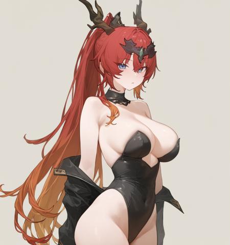 jiyan,Dragon horns,blue eyes,red hair,orange hair,very long hair, ponytail, gradient hair bikini armor Trident Bundled Hair Purple Gold Crown