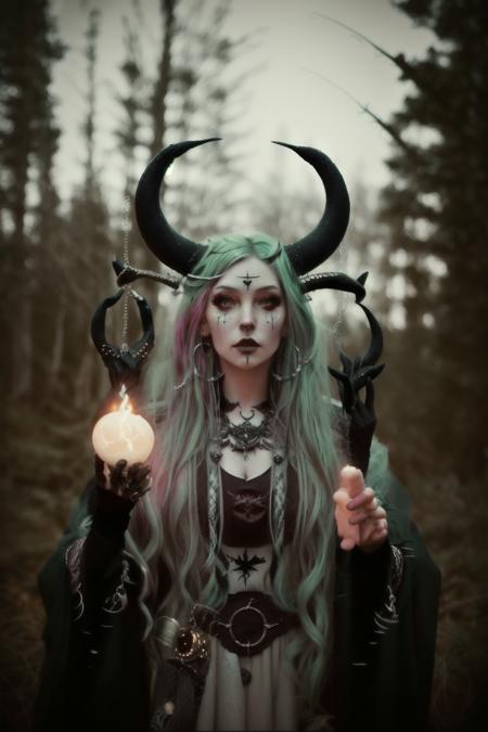 a woman with long hair holding a lantern , witch_style