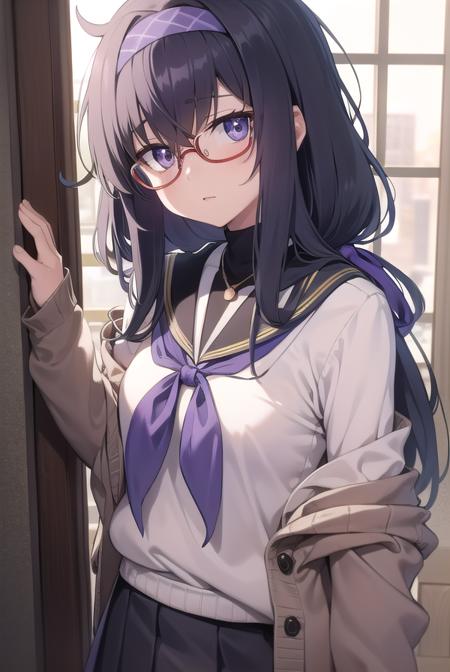 uikozeki, <lyco:uikozeki-lyco-nochekaiser:1>,
ui kozeki, bags under eyes, black hair, (purple eyes:1.5), glasses, halo, long hair, red-framed eyewear,
BREAK black pantyhose, black undershirt, blue hairband, blue neckerchief, brown cardigan, brown sweater, cardigan, hairband, long sleeves, messy hair, neckerchief, pantyhose, sailor collar, school uniform, serafuku, sweater, white sailor collar, white serafuku, skirt, long skirt,
BREAK looking at viewer,
BREAK indoors, classroom,
BREAK <lyco:GoodHands-beta2:1>, (masterpiece:1.2), best quality, high resolution, unity 8k wallpaper, (illustration:0.8), (beautiful detailed eyes:1.6), extremely detailed face, perfect lighting, extremely detailed CG, (perfect hands, perfect anatomy),