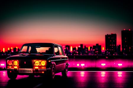 analog style, A black car drifting on the streets of tokyo at night :: pink sunset and city in the background,Luxyry style,Hyperdetailed, Ultra realistic, cinematic, Neon lighting, Unreal engine, RTX, (VAZ2106),  <lora:VAZ2106:0.8>