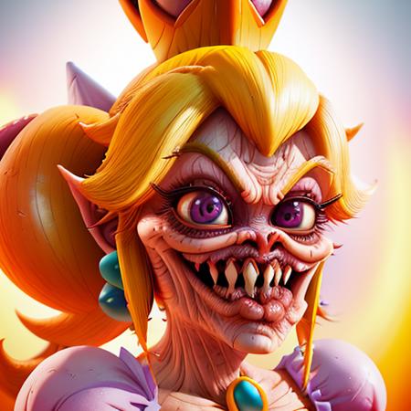 <lora:grossup:1> grossup, a closeup of princess peach, weird face, 3d render, octane engine, cgsociety, grossup, grotesque caricature