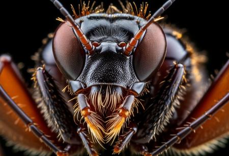 An ultra-detailed high-resolution macro shot capturing the intricate features of a queen ant, showcasing its majestic presence and intricate anatomy up close, macro photography highlighting the queen ant's detailed body structure, regal and powerful aura, close-up view revealing the tiny details of the ant's exoskeleton and antennae, impressive level of detail and clarity, scientific beauty of nature, visual masterpiece displaying the queen ant's importance in the colony, realistic and immersive experience, macro shot by top photographers like Levon Biss, Nicky Bay, Piotr Naskrecki, trending on Nat Geo, trending on Macro Photography, Intricate, High Detail, Sharp focus, realistic, scientific, photorealistic image by Levon Biss and Nicky Bay;