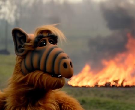 film scene with alf person in new science fiction horror film called 'Horns', (Dystopian farmland). ((cars are on fire)), (intricate cinematography:1.16), directed by James Cameron. Supermassive black hole