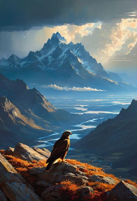 (A hawk the mountains) (ingenious opus magnum by Michael Vincent Manalo and Elvira Vigna:1.2), (saturated colors oil painting:0.1), high key with glistening light, cosmic anddireful and dramatic atmosphere, (zestful quinacridone nickel azo gold and electricblue color swatch:0.1), raw details, crisp details, bokeh lights, <lora:xl_more_art-full_v1:0.6> ,analog photo, full body,, tall height, against the rise in the background, , , epic clouds, (oil on canvas:0.2), , art by Jeremy Mann, god rays, dramatic light,    ,  (art by Eduard Wilhelm Pose and Master of the Holy Blood and Ivan Bilibin:1.1), (oxygen-rich air and sheltered atmosphere,, aesthetic of hard - edge painting:0.1), symmetry and balance, pioneering unparalleled masterwork with superior details, <lora:MJ52:0.90> <lora:xl_more_art-full_v1:0.4> <lora:RMSDXL_Creative:1>,(skin texture),masterpiece, top quality, best quality, official art,highest detailed,,atmospheric lighting, cinematic composition,complex multiple subjects, 4k HDRvaporwave style , , cyberpunk, vibrant, neon colors, , highly detailed,,,Leica Q2 with Summilux 35mm f/1.2 ASPH, ,clear face, Ultra High Resolution, wallpaper, 8K,Rich texture details, hyper detailed, detailed eyes, detailed background, dramatic angle,