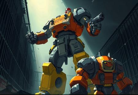 "In a striking 4K illustration, a towering Garbage Lord stands ready for action, their vibrant yellow and orange body contrasting with gray arms and legs, and a red head. A gun is equipped on their right arm. In the foreground, a smaller Garbage Lord adds depth. The stark Infinite Prison background highlights the dynamic action pose of the main details.  intricate details, cinematic lighting, and powerful message of the artwork."