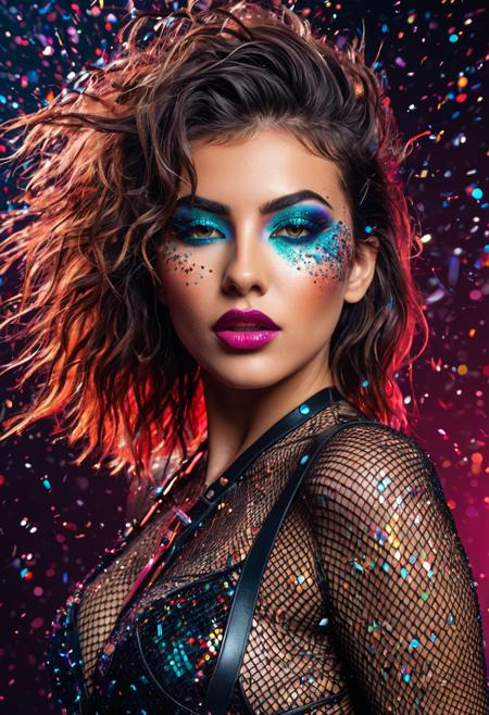 A stunningly beautiful woman in a half-body portrait, wild and windswept hair swirling around her face, untamed and voluminous, wearing revealing avant-garde fashion with chaotic textures, torn mesh, leather straps, and asymmetrical cuts, bold and wild makeup with vivid colors, exaggerated eyeliner, glitter accents, and surreal designs, surrounded by bursts of glitter explosions and shimmering particles suspended mid-air, illuminated by surreal and colorful lighting with harsh contrasts, neon reflections, and vibrant flares, confident pose, teasing expression, cinematic glow, shallow depth of field, studio background with abstract textures and floating debris, hyperreal details, soft skin, glossy lips, expressive atmosphere