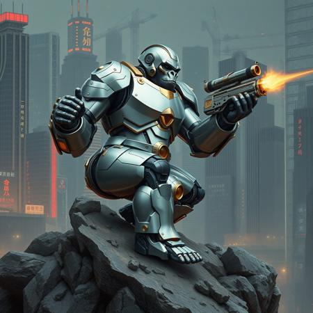 Create a highly detailed, 4K image of a gorilla robot on a rocky outcrop, inspired by Uragami Gyokudō and Alphonse Mucha's Art Nouveau style, with sleek silver armor and golden accents, in a dynamic pose under heavy fire, set against a dark pastel-colored metropolis background with micro details and lifelike textures, incorporating Japanese text, and adhering to the golden ratio. Ensure the image is ultra-wide angle, hyper-realistic, and has an alluring, high-fashion aesthetic, reminiscent of Naomi Campbell. Include advanced technology UI elements and maintain a balance between light and dark pastel colors.