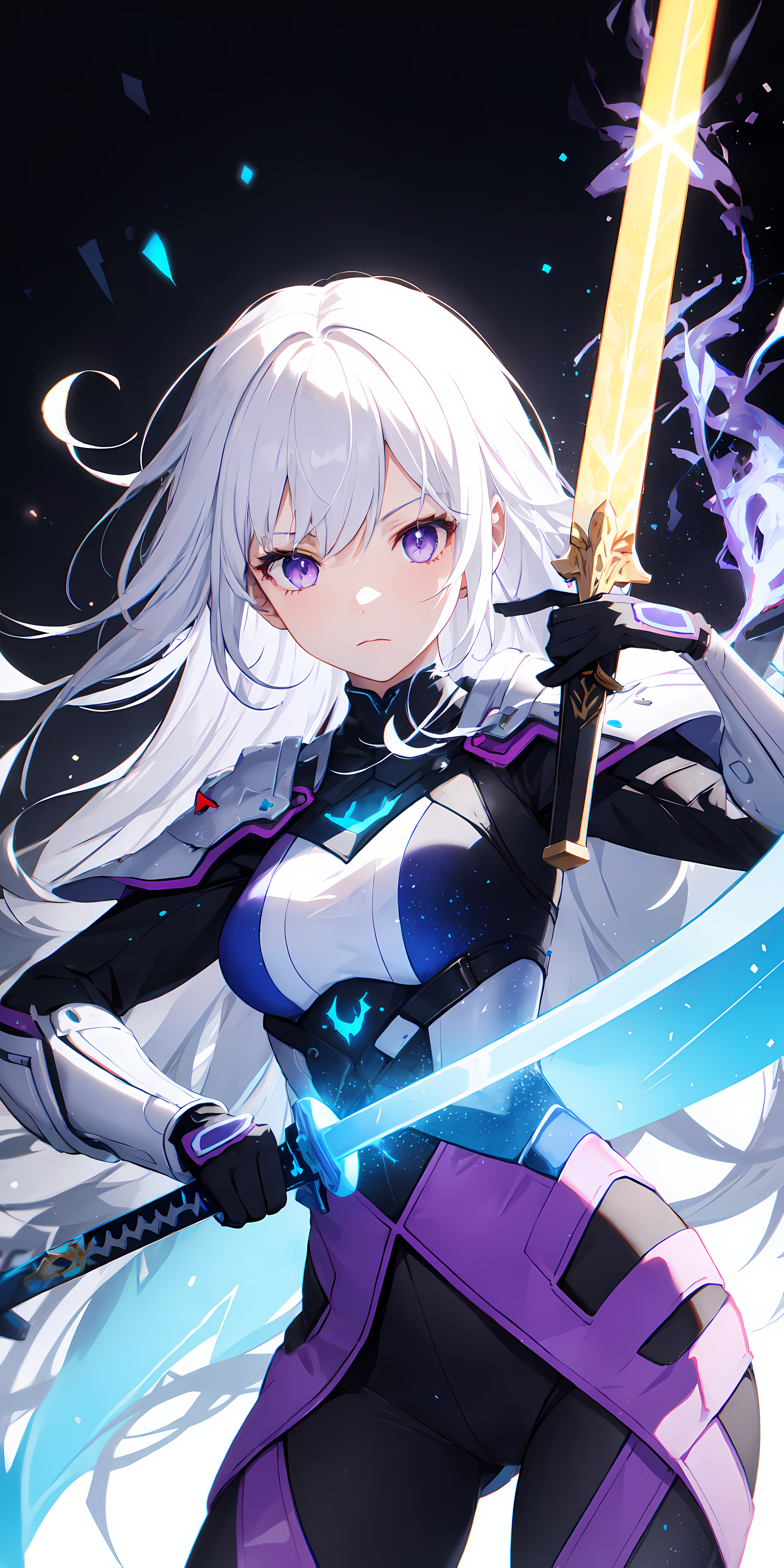 colorful, 1girl, white hair, purple eyes, dual wielding, sword, holding sword, blue flames, glow, glowing weapon, light pa...