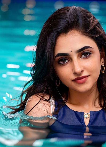 closeup portrait of skswoman, background swimming pool epic (photo, studio lighting, hard light, sony a7, 50 mm, matte skin, pores, colors, hyperdetailed, hyperrealistic), <lyco:Priyanka Arul Mohan:1.1>