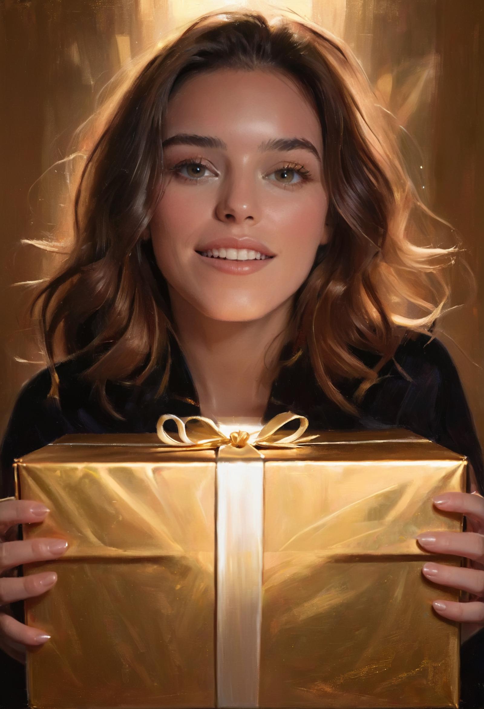 A woman holding a gold box with a bow in front of her face.