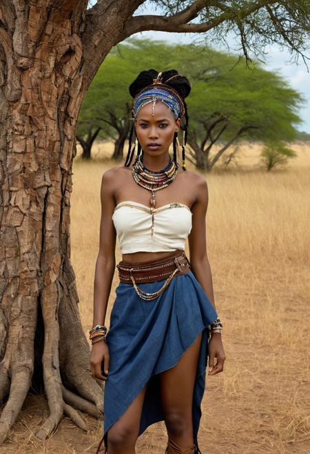 Female-Militia-Tribal, Hyperrealistic art, cinematic, cinemascope, movie-still, UHD, full-body portrait of a female member of the Fulani tribe from West Africa, with flawless deep brown skin, high cheekbones, and piercing dark brown eyes that hold an intense gaze. Her hair is styled in elaborate braids, decorated with cowries and beads, worn slightly loose and flowing. She wears a traditional indigo-dyed wrap skirt, worn and frayed at the hem, and a leather waist belt adorned with silver trinkets. The backdrop captures the golden savanna landscape, dotted with baobab trees under a sunlit sky, giving depth to her striking form.