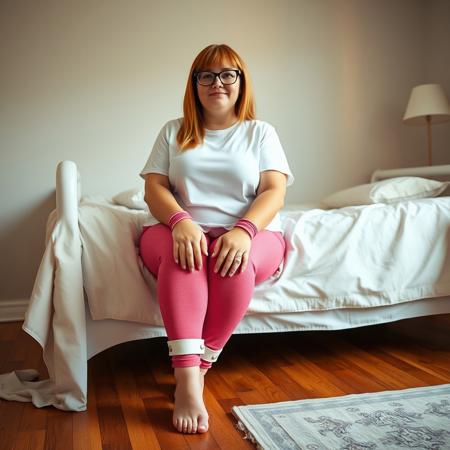 A full body shot of a chubby adult Scottish woman with long straight bangs, glasses, a white t-shirt, and pink textured leggings. She is barefoot wearing white and pink bdsm leather cuffs on ankles sitting  the side of a daybed in a bedroom with hardwood floors. Warm lighting,