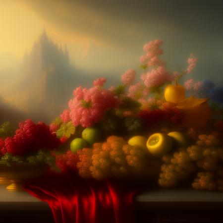 a painting of flowers and fruit on a table, a still life, by  StanleyPesso15