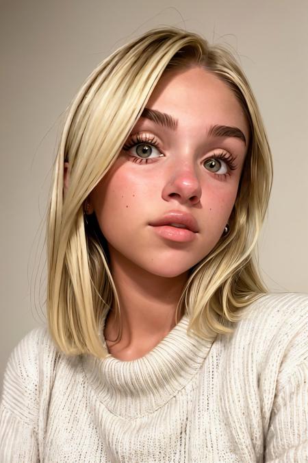 headshot <lora:MaddieFrancessca_v1-000038:.9> MaddieFrancessca, focus on face, wearing a form-fitting sweater , her hair is styled as ombre lob hair,