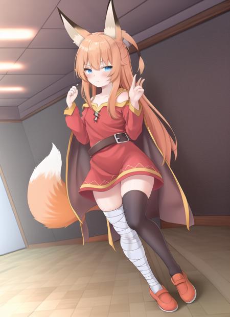 masterpiece, best quality, (orange hair), (fox ears), (hands up), (indoors), megustume, <lora:megustume-15:0.8>, (blue eyes), (full body), (thighhighs), (bandaged stocking)