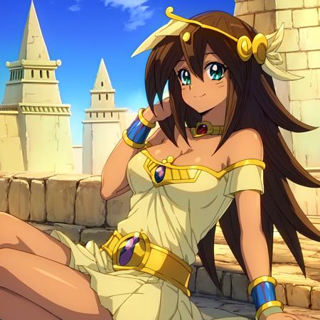 Mana, anime, yu-gi-oh! duel monsters,1girl, best quality, Egyptian, tan skin, cute pose, cute face, green eyes, stone structure, stone building, smile