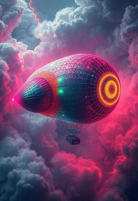masterpiece, ultra-detailed, top-down view of a trippy neon zeppelin drifting through tangled circuits and misty clouds, reptile-scale patterns glowing under electric stormlight, vibrant colors, no humans
