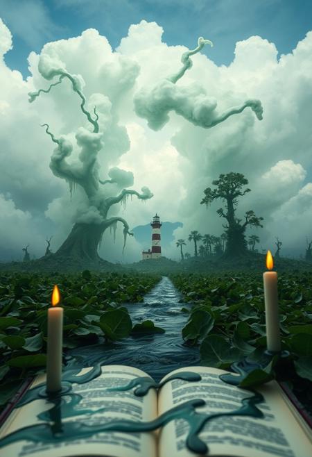 vast lush swampy landscape, lighthouse in the distance, The subject nimbus clouds portal gateway opening in the forground over a book if magic and waxy dripping candles, a lush swampy swamp,  macro of oil and water not mixing is a swirling mass of floating ink that appears as an  at an aperture of f/1.4. The image is artistic and surreal, blending realism with abstraction, capturing movement and energy through its dynamic motion and flowing forms. Abstract shapes, hyperrealistic nature photography of a lush submerged swamp forest medium format kodak gold, eldritch magic, wideangle shot of a forest grove, mountains in the background