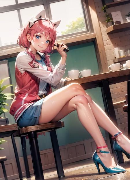 masterpiece, official art, dynamic angle, 1girl, irissagan,  <lora:irissagan-15:1>, smiling, indoors restaurant coffee shop, sitting, jacket, pink_heels:1.2, blue socks, low twintails, headset, blue socks:.1.2