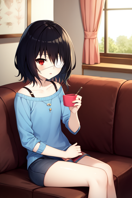 misakimei, eyepatch, 1girl, solo, casual, sitting, living room