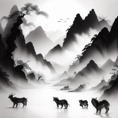 chinkstyle, ink painting,  monochrome, greyscale, landscape painting,