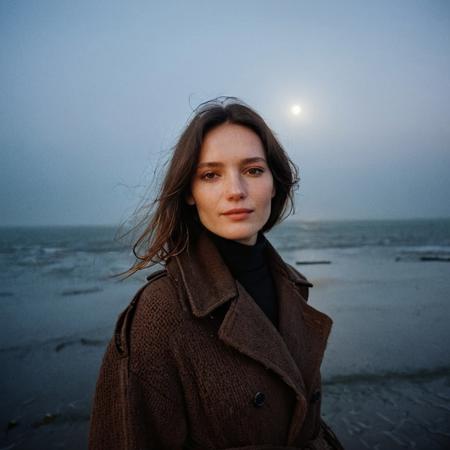 A beautiful 35mm photo of a 30 year old Dutch woman, polaroid photo style, ((turtleneck sweater)), ((leather trenchcoat)), ((full body:1.2)), polaroid film style, she has a comely face, shy smile, in love, pale skin, very dark eyes, chocolate brown hair, straight hair, 70's fringe, beautiful mouth, long face, narrow chin, freckles on nose, birthmarks on stomach, she is slim, natural tits, perfectly shaped tits, pubic hair, ultra realistic, extremely detailed, highly detailed eyes, realistic eyes, highly detailed skin, realistic skin, on the beach at the Dutch coastline, foggy 
cloudy, beautiful lighting, soft natural light, night, dark, moonlight, moon, starry night, perfect light, Rembrandt style light, 8k resolution, masterpiece, 35mm,Camera="Hasselblad X1D 50c", Lens="Hasselblad XCD 90 mm f/3.2 ", "Aperture-of=f/2.8", "ISO=100", film grain, (ultra high res:1.2),(photo-realistic:1.3) (skin pores:1.1)