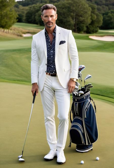 raw photo, full body, beautiful man, 40 years old,  Classic Fashion, plays golf, luxurious outfit