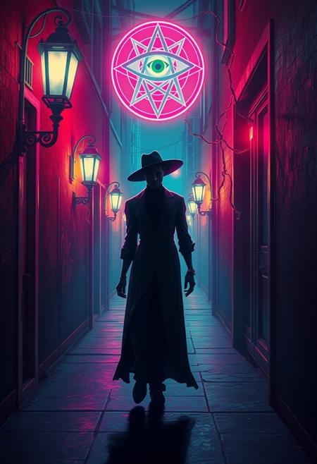 A noir-style figure walks through a neon-lit alley, with third-eye glyphs and vines of sacred geometry spiraling from the streetlamps., cinematic romanticism, psychedelic surrealism, symbolic storytelling, vintage fashion, radiant color palette, metaphysical energy, expressive figures, spiritual symbolism, narrative intimacy, celestial motifs, cosmic abstraction, stylized realism, Afro-surrealist influence, dreamlike lighting, emotional depth, astral elements, glowing textures, mystic noir, visual vibration, spiritual elegance