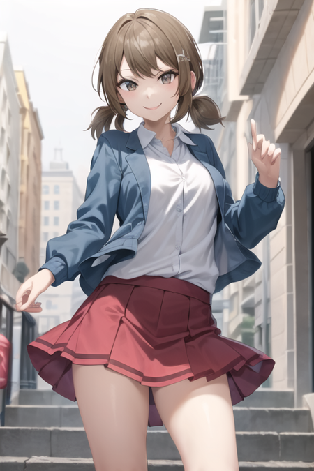 <lora:LassORASLora-10:0.7>, lass, red skirt, white shirt, blue jacket, smile, short hair, twintails,