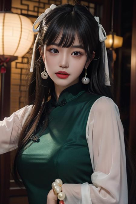 ltra-detailed,highly detailed,best quality,masterpiece,illustration,realistic,
yaozhi, 1girl, solo,mole,
chinese clothes,china dress,see-through sleeves,
earrings, bracelet,hair ribbon, 
bangs,very long hair, 
looking at viewer,
<lora:yaozhi_v2_09:0.7>