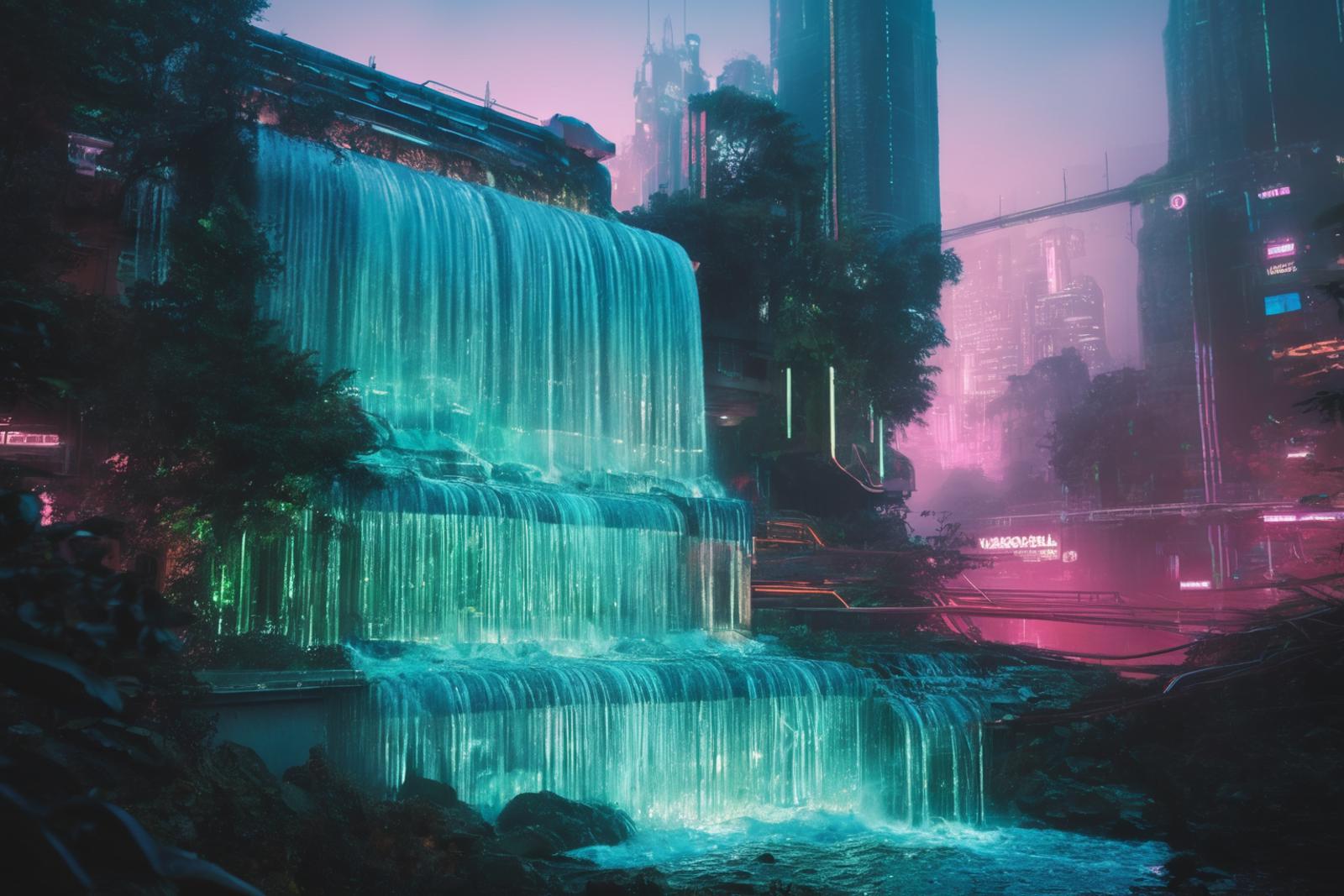 A waterfall with a large city in the background at night