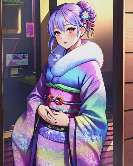 woman wearing furifur kimono, waist up, sweet smile, long wavy hair, flowers in her hair, (blue green and white)1.1, patterned clothes, extremely detailed clothing, featured on pixiv, masterpiece, highest quality, 8k