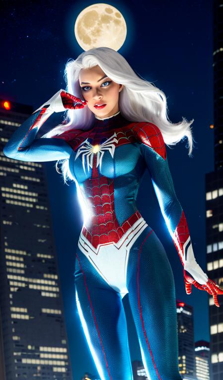 (Masterpiece, 4k resolution, ultra-realistic, very detailed), (White superhero theme, charismatic, there's a girl on top of town, wearing Spider-Man costume, she's a superhero), [ ((25 years), (long white hair:1.2), full body, (blue eyes:1.2), ((Spider-Man pose),show of strength, jumping from one building to another), ((sandy urban environment):0.8)| (cityscape, at night, dynamic lights), (full moon))] # Explanation: The Prompt mainly describes a 4K painting of ultra-high definition, very realistic, very detailed. It shows a superheroine at the top of the city, wearing a Spider-Man costume. The theme in the painting is a white superhero theme, the female protagonist has long white hair, is 25 years old and her entire body is shown in the painting. In terms of portraying the actions of superheroines, spiders are employed