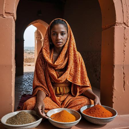 RAW analogue photo of a beautiful 25 years old woman, clear focus, high resolution image,  ,African woman, clear focus, 8K, Alexa,<lora:Alexa_OC:0.6>, ,Moroccan Spice Seller in Fez Medina Clad in a djellaba and patterned scarf, she arranges spices in conical baskets under a mosaic archway. Shafts of dusty light catch motes above saffron, cumin, and paprika mounds. Ground-level angle centered on color and geometry., Beauty, Realistic, Hot, Realistic_Beauty,   ,photo Fantasy art combining the styles of Boris Vellejo and Luis Royo, Photorealistic, real photo, god rays, 1girl, 21yo,realistic, ,Sexy pose, erotic pose, exhibitionism, ,A peaceful farm with barns and grazing animals