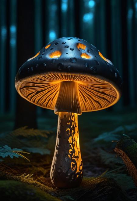 lazympos, mushroom made from forged carbon, forest, close-uo, glowing, night