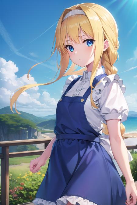 alicezuberg, <lora:alicezuberg-lora-nochekaiser:1>, 
alice zuberg, bangs, blue eyes, blonde hair, hair between eyes, very long hair, braid, hairband, white hairband,
BREAK dress, bow, ribbon, short sleeves, frills, apron, puffy short sleeves, blue dress, brown footwear, knee boots, white bow, white apron, frilled apron,
BREAK outside, forest, nature, sun, sky,
BREAK looking at viewer, (cowboy shot:1.5),
BREAK <lyco:GoodHands-beta2:1>, (masterpiece:1.2), best quality, high resolution, unity 8k wallpaper, (illustration:0.8), (beautiful detailed eyes:1.6), extremely detailed face, perfect lighting, extremely detailed CG, (perfect hands, perfect anatomy),